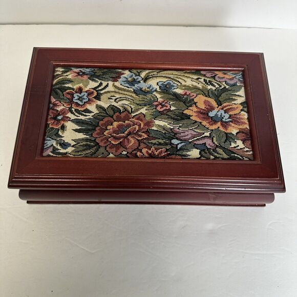 Vtg Wooden Jewelry Box Dark Floral Fabric Top Pink Felt Interior‎ Mirror In Lid - Picture 5 of 11